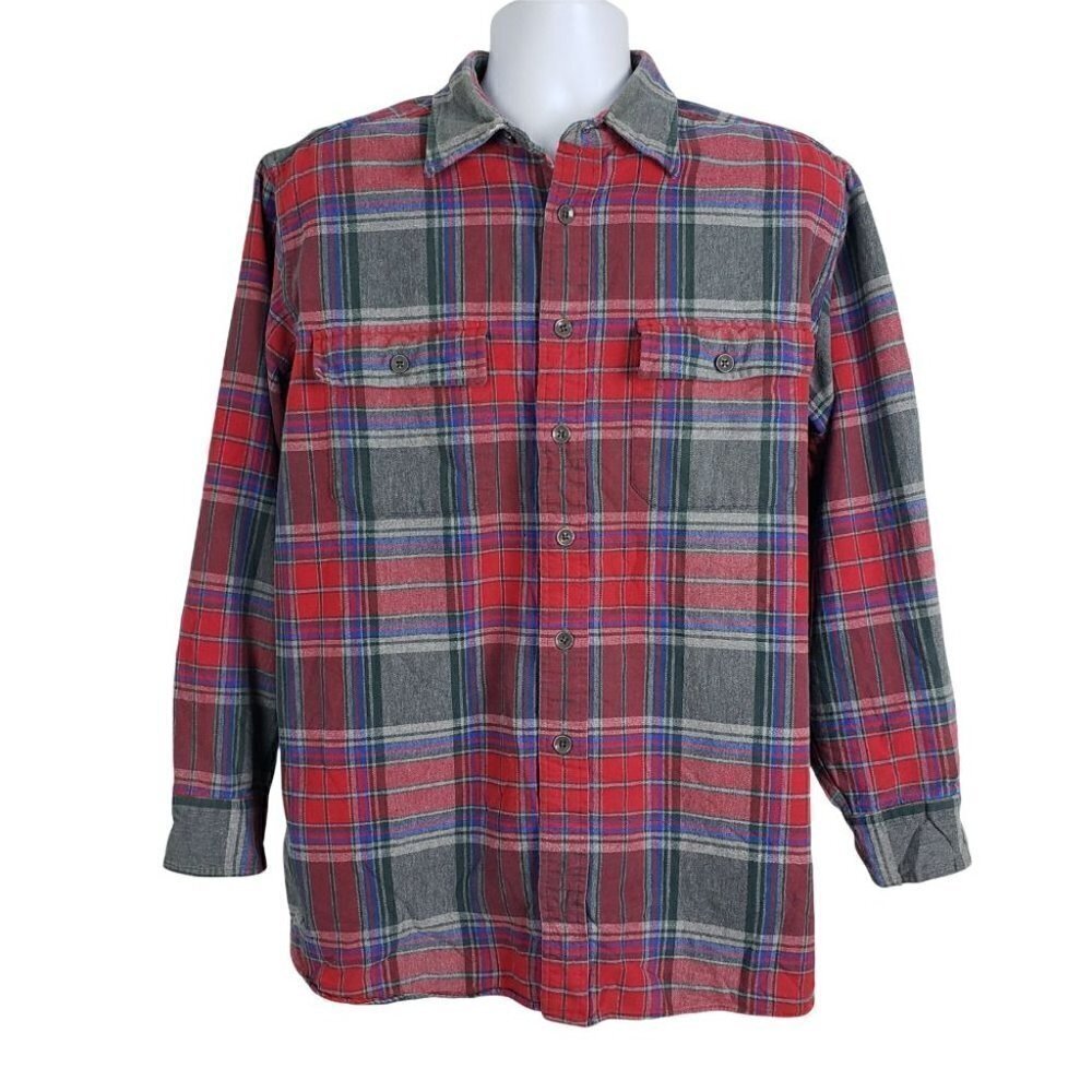 LL Bean Chamois Cloth Shirt Plaid Flannel 100% Cotton Red Outdoor Mens Large